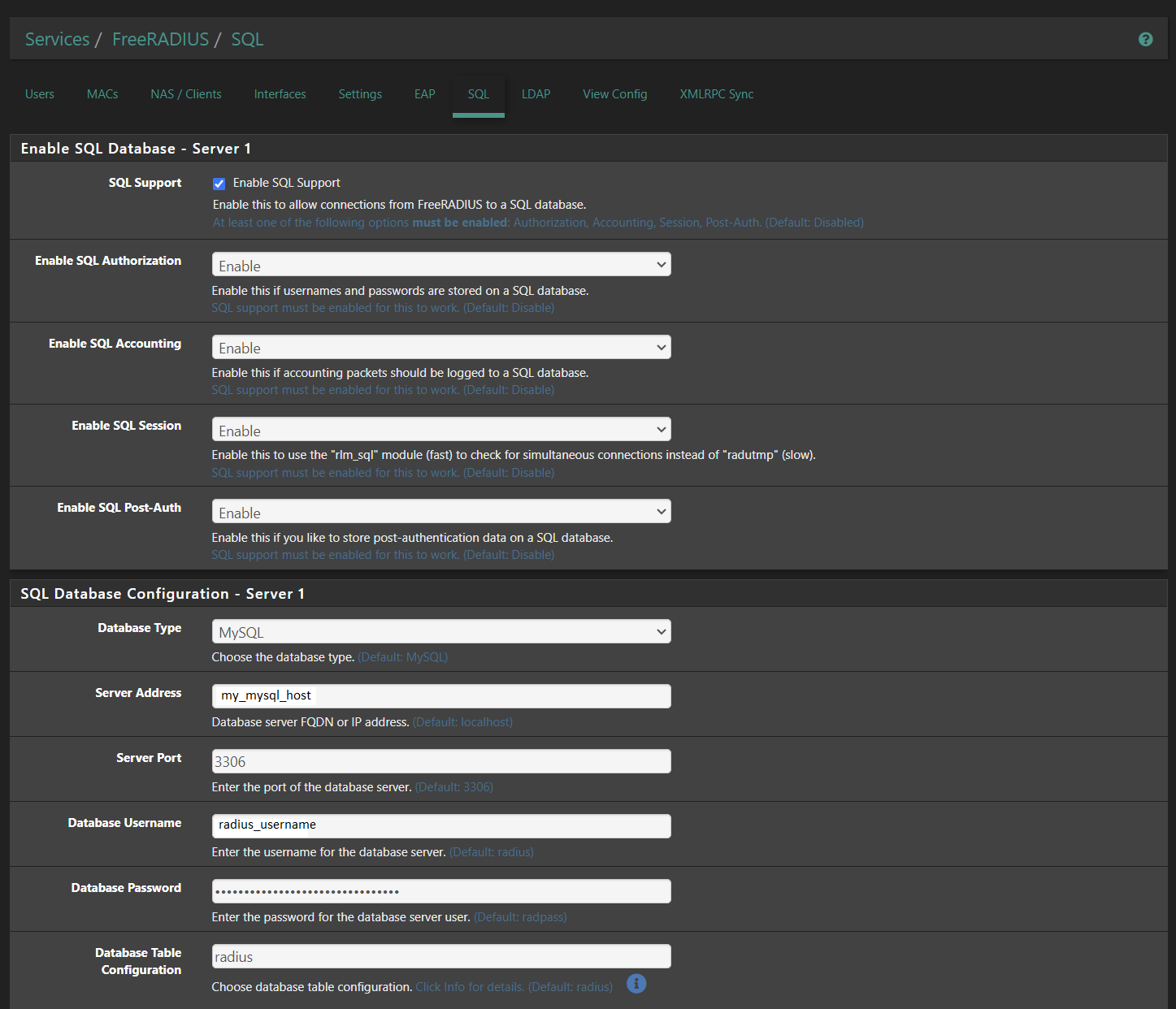 free radius server mysql setup